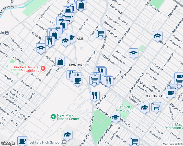map of restaurants, bars, coffee shops, grocery stores, and more near 6391 Oxford Avenue in Philadelphia