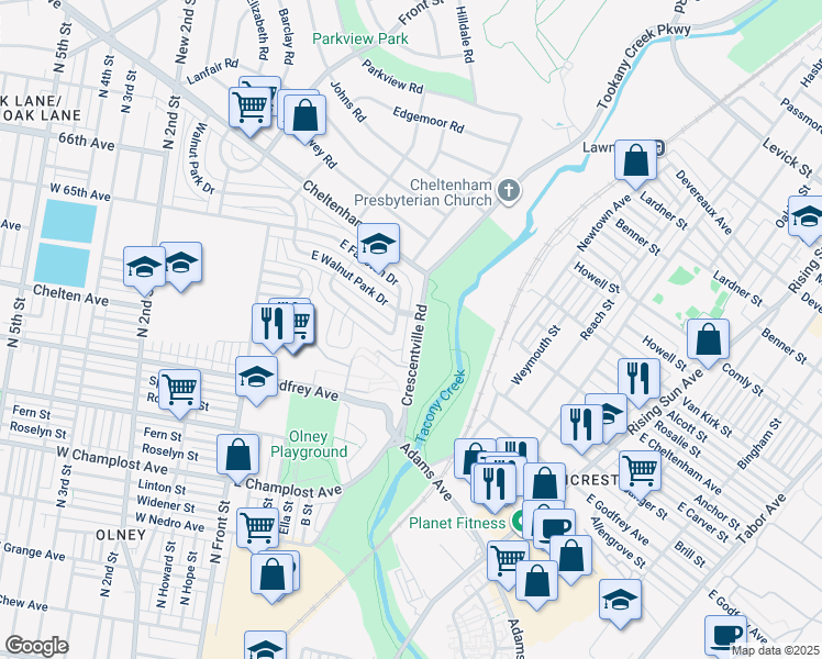 map of restaurants, bars, coffee shops, grocery stores, and more near 6336 Crescentville Road in Philadelphia