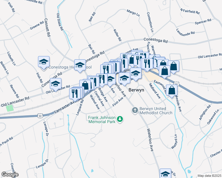map of restaurants, bars, coffee shops, grocery stores, and more near 719 Berwyn Avenue in Berwyn
