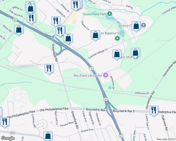 map of restaurants, bars, coffee shops, grocery stores, and more near 170 Independence Court in Lancaster