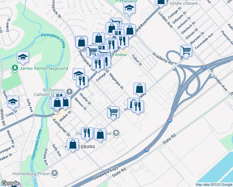 map of restaurants, bars, coffee shops, grocery stores, and more near 8735 Glenloch Street in Philadelphia