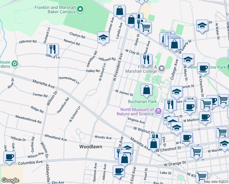 map of restaurants, bars, coffee shops, grocery stores, and more near 445 North President Avenue in Lancaster
