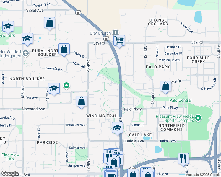 map of restaurants, bars, coffee shops, grocery stores, and more near 28th Street in Boulder County