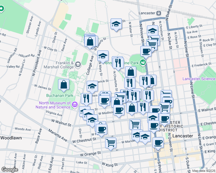 map of restaurants, bars, coffee shops, grocery stores, and more near 528 Lancaster Avenue in Lancaster