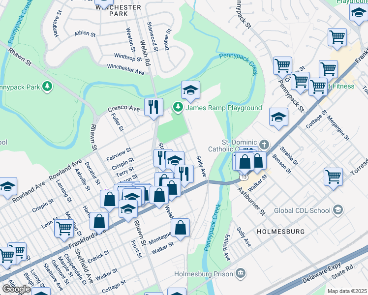 map of restaurants, bars, coffee shops, grocery stores, and more near 3424 Hess Street in Philadelphia