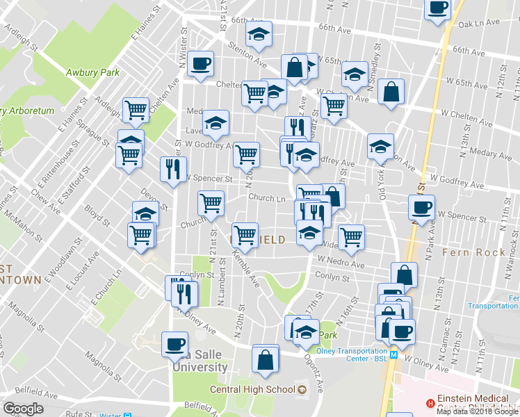 map of restaurants, bars, coffee shops, grocery stores, and more near 5991 North Opal Street in Philadelphia