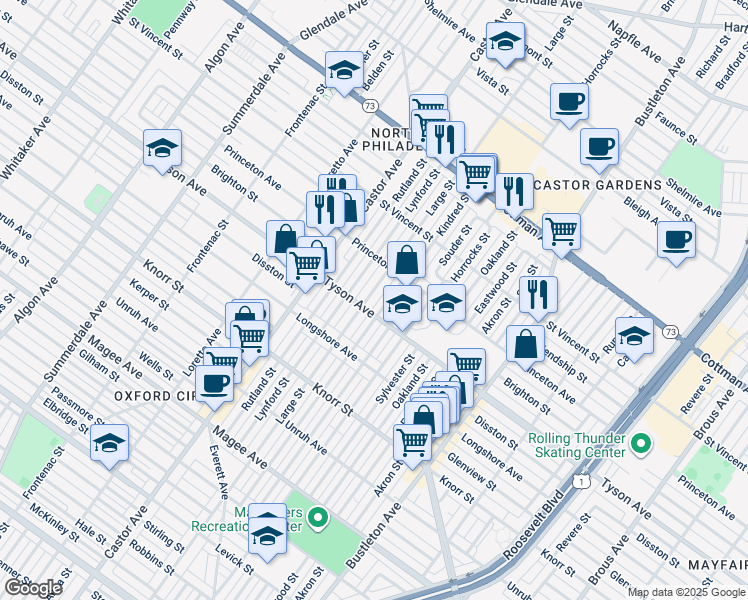 map of restaurants, bars, coffee shops, grocery stores, and more near 7011 Large Street in Philadelphia