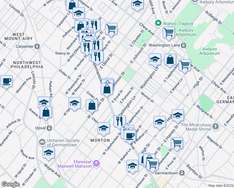 map of restaurants, bars, coffee shops, grocery stores, and more near 115 East Duval Street in Philadelphia