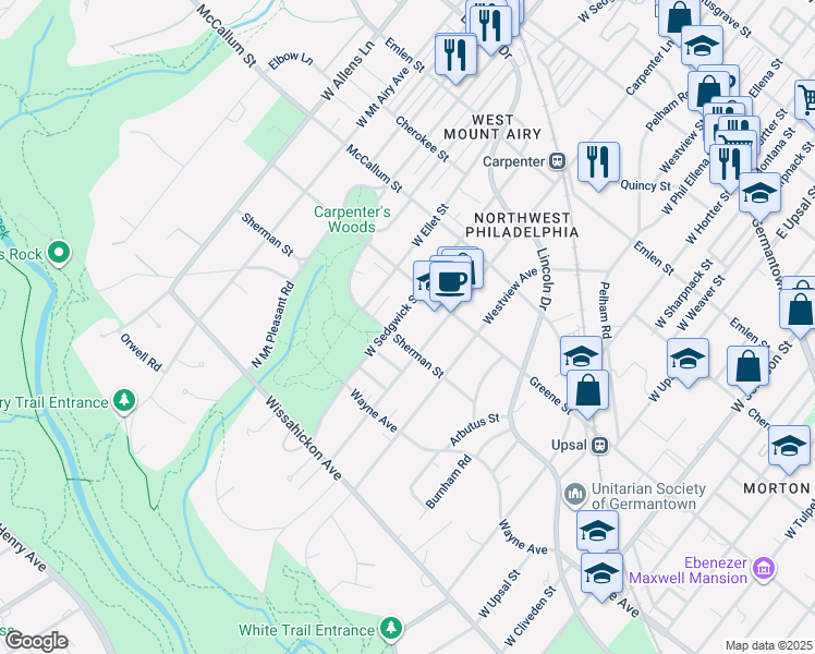 map of restaurants, bars, coffee shops, grocery stores, and more near 6933 Sherman Street in Philadelphia