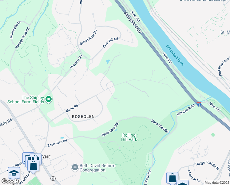 map of restaurants, bars, coffee shops, grocery stores, and more near 1509 Monk Road in Gladwyne