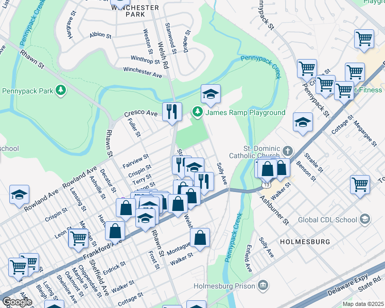 map of restaurants, bars, coffee shops, grocery stores, and more near 3414 Arthur Street in Philadelphia
