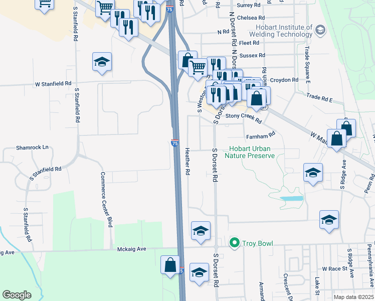 map of restaurants, bars, coffee shops, grocery stores, and more near 99 Heather Road in Troy