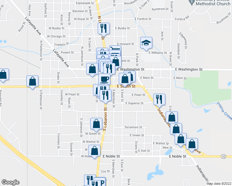 map of restaurants, bars, coffee shops, grocery stores, and more near 223 South Meridian Street in Lebanon