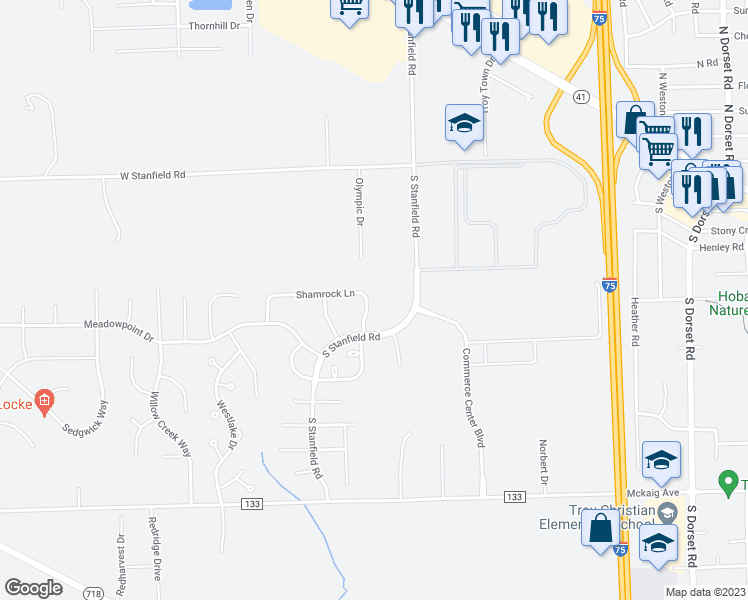 map of restaurants, bars, coffee shops, grocery stores, and more near 2219 Shamrock Lane in Troy