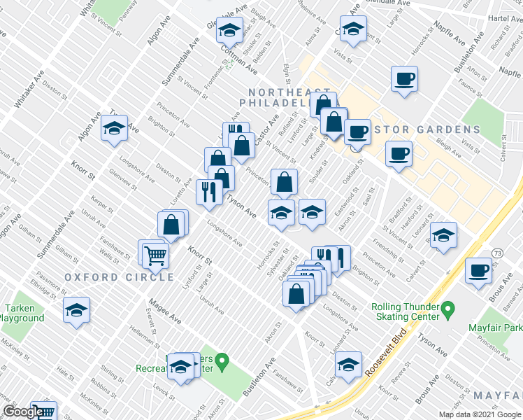 map of restaurants, bars, coffee shops, grocery stores, and more near 7011 Large Street in Philadelphia