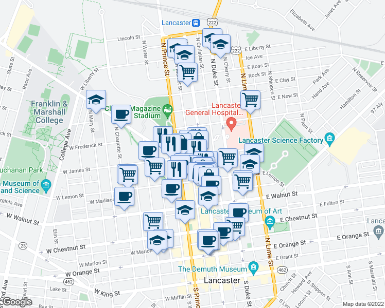 map of restaurants, bars, coffee shops, grocery stores, and more near 21 West James Street in Lancaster