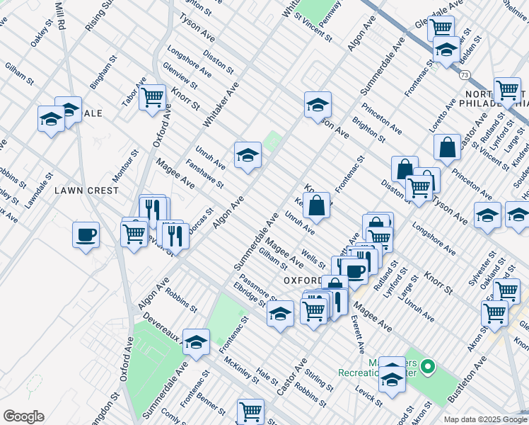 map of restaurants, bars, coffee shops, grocery stores, and more near 1131 Fanshawe Street in Philadelphia