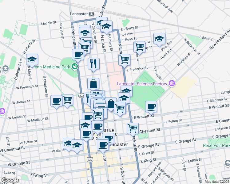 map of restaurants, bars, coffee shops, grocery stores, and more near 430 North Duke Street in Lancaster
