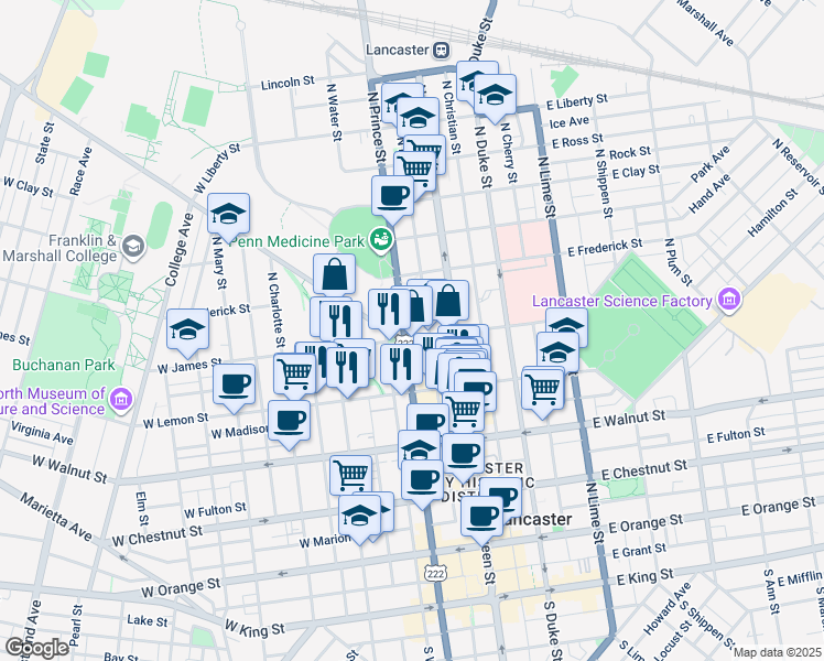 map of restaurants, bars, coffee shops, grocery stores, and more near 47 West James Street in Lancaster