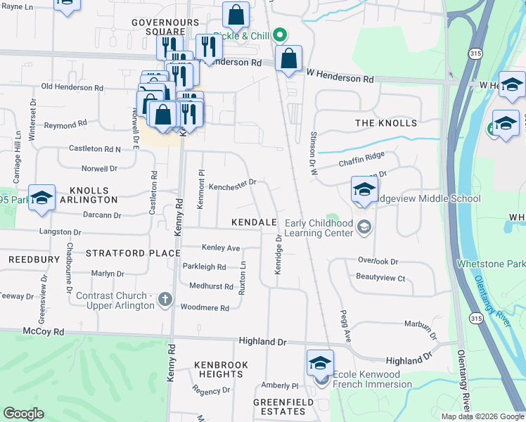 map of restaurants, bars, coffee shops, grocery stores, and more near 4233 Kenridge Drive in Columbus