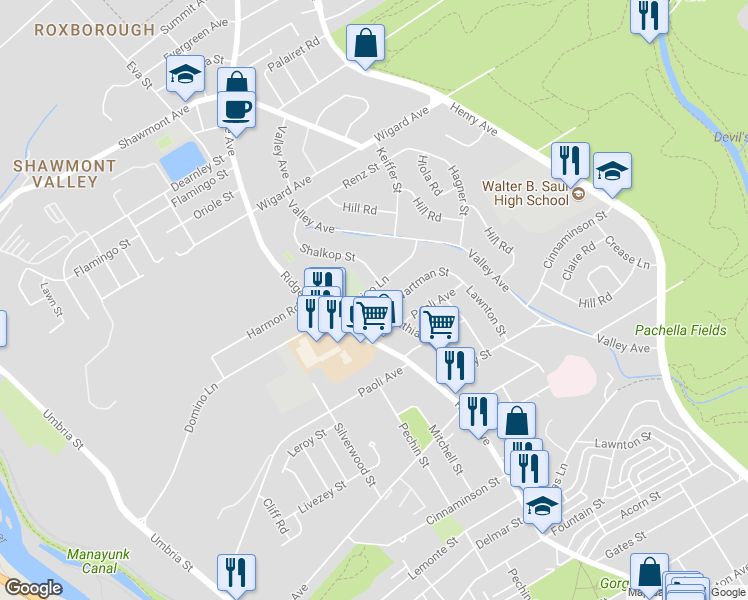 map of restaurants, bars, coffee shops, grocery stores, and more near 524 Domino Lane in Philadelphia