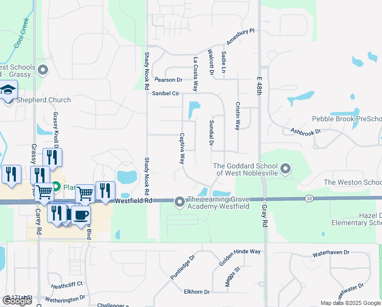 map of restaurants, bars, coffee shops, grocery stores, and more near 17729 Gasparilla Court in Noblesville