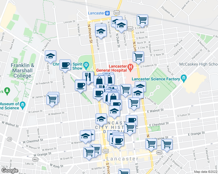 map of restaurants, bars, coffee shops, grocery stores, and more near 1 West James Street in Lancaster