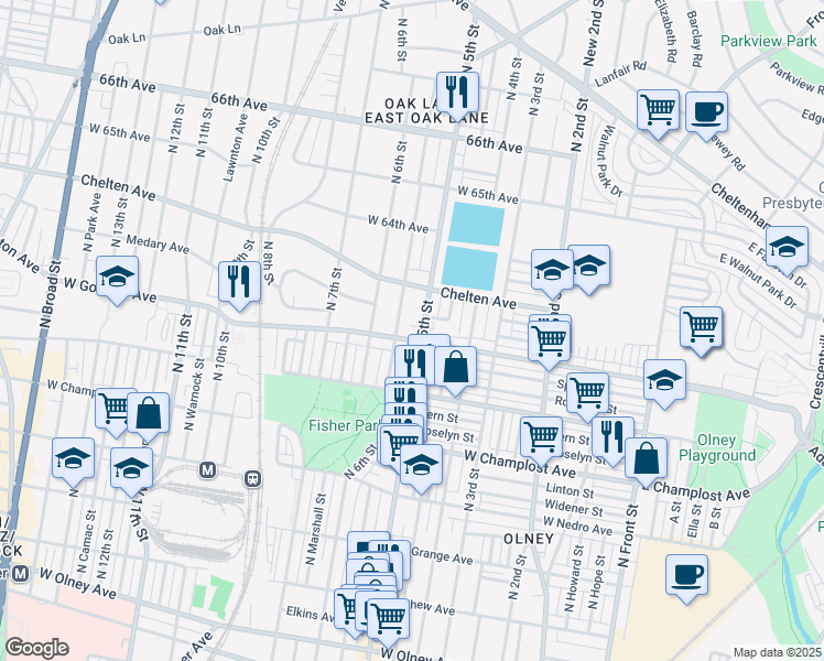 map of restaurants, bars, coffee shops, grocery stores, and more near 6150 North 5th Street in Philadelphia