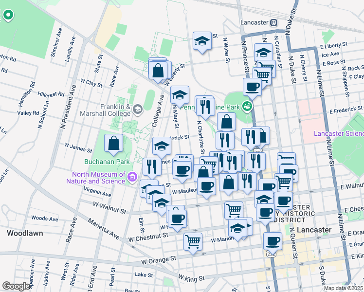 map of restaurants, bars, coffee shops, grocery stores, and more near 533 North Mary Street in Lancaster