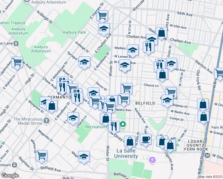 map of restaurants, bars, coffee shops, grocery stores, and more near 6033 East Wister Street in Philadelphia