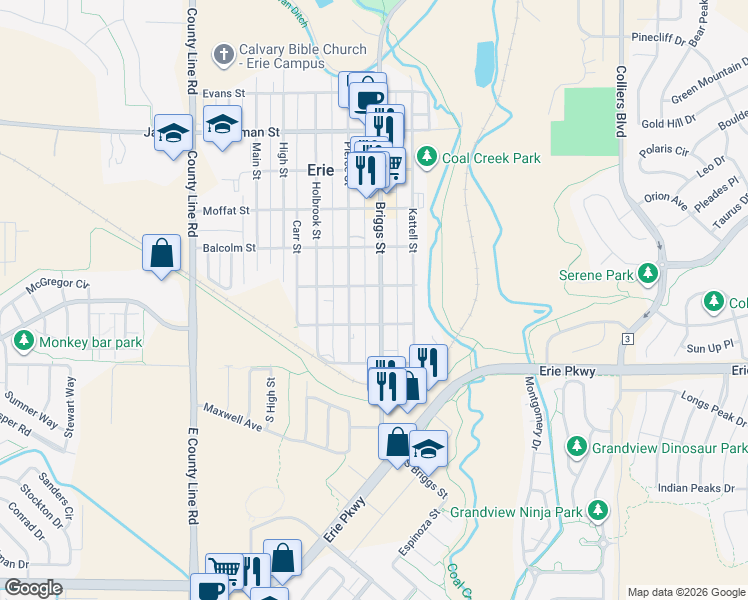 map of restaurants, bars, coffee shops, grocery stores, and more near 200 Briggs Street in Erie