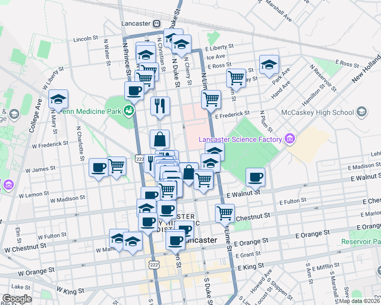 map of restaurants, bars, coffee shops, grocery stores, and more near 445 North Duke Street in Lancaster