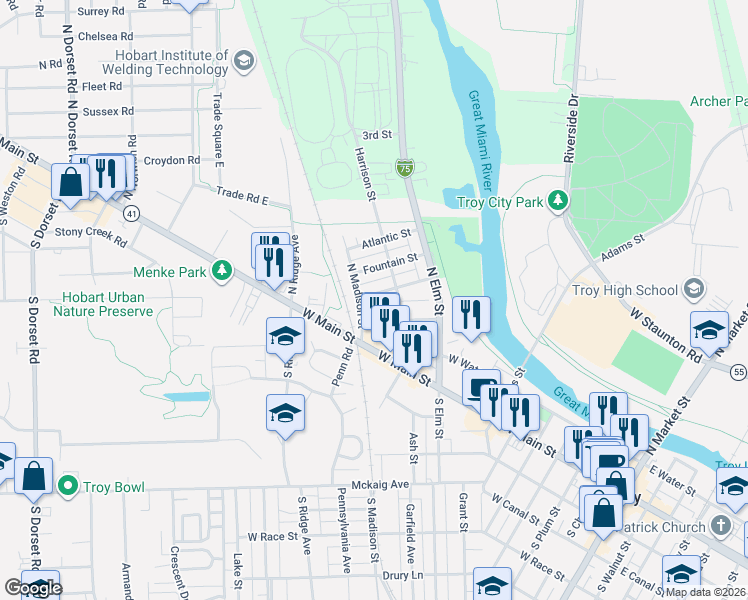 map of restaurants, bars, coffee shops, grocery stores, and more near 101 North Madison Street in Troy