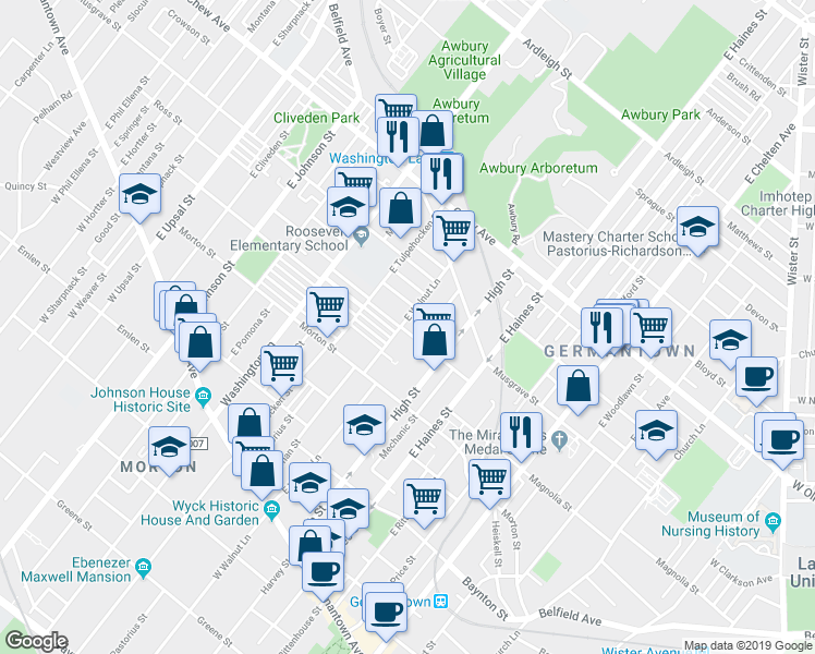 map of restaurants, bars, coffee shops, grocery stores, and more near 402 East Walnut Lane in Philadelphia
