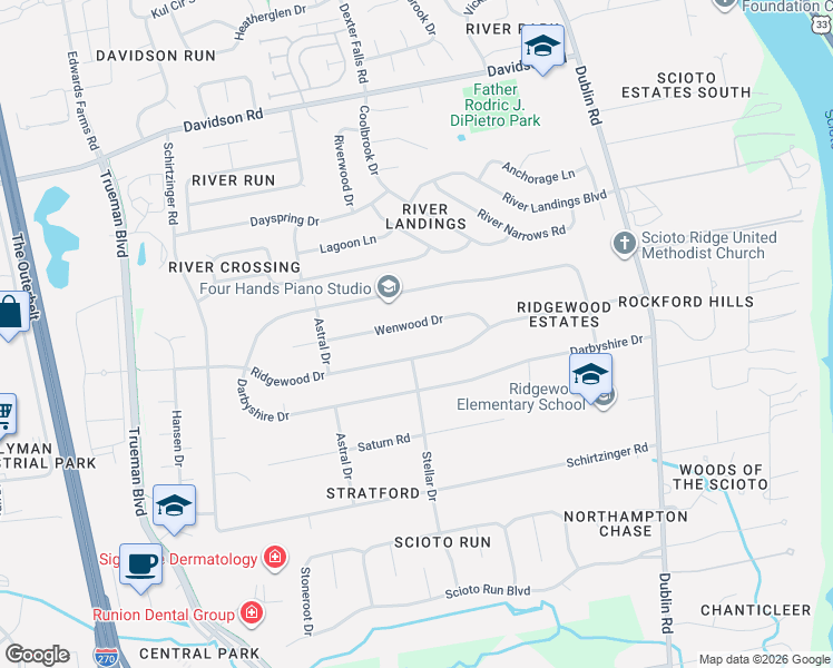 map of restaurants, bars, coffee shops, grocery stores, and more near 3584 Ridgewood Drive in Hilliard