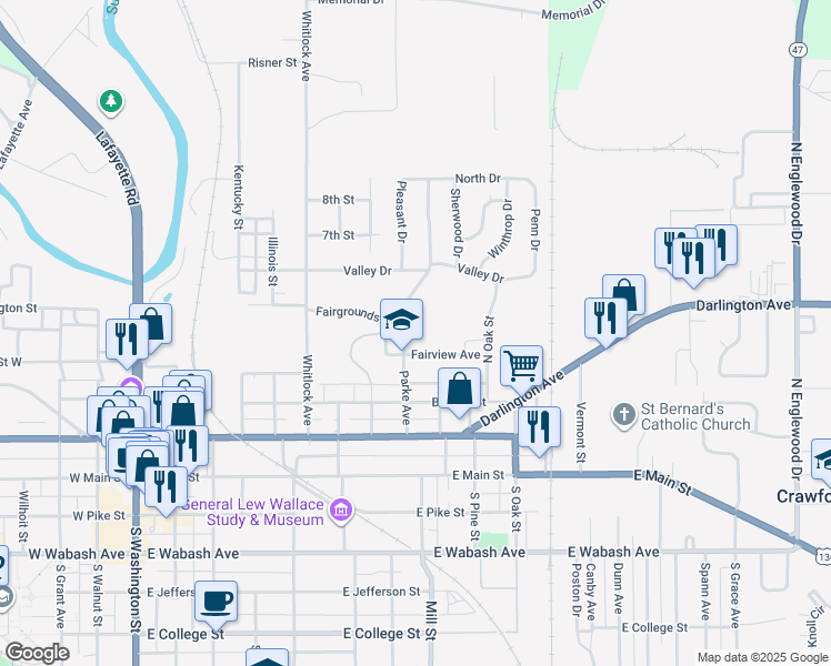 map of restaurants, bars, coffee shops, grocery stores, and more near 800 Fairview Avenue in Crawfordsville