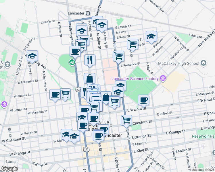 map of restaurants, bars, coffee shops, grocery stores, and more near 445 North Duke Street in Lancaster