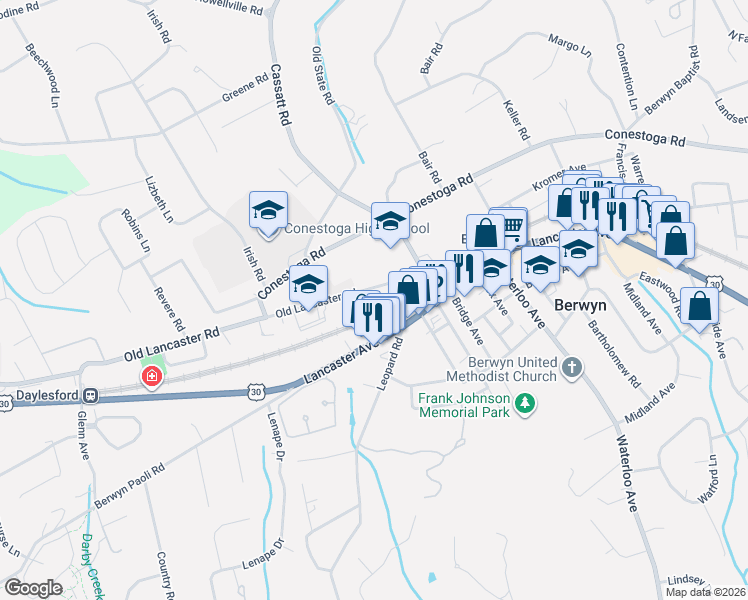 map of restaurants, bars, coffee shops, grocery stores, and more near 1015 Lancaster Avenue in Berwyn