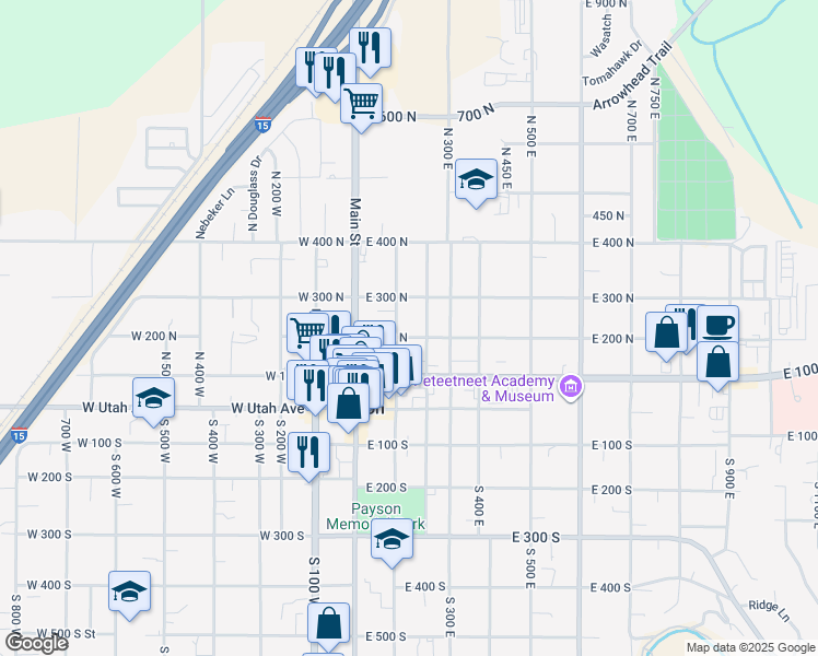map of restaurants, bars, coffee shops, grocery stores, and more near 170 North 100 East in Payson