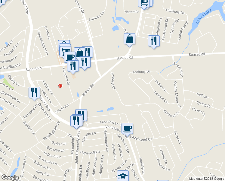 map of restaurants, bars, coffee shops, grocery stores, and more near 8 Amherst Drive in Burlington