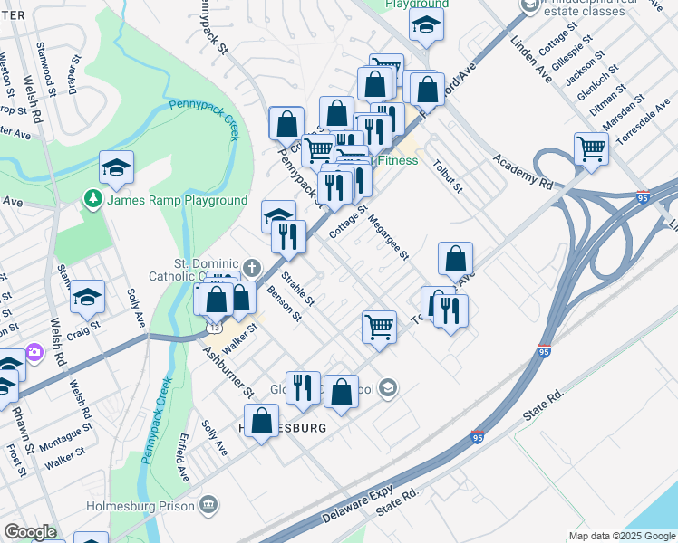 map of restaurants, bars, coffee shops, grocery stores, and more near 8660 Jackson Street in Philadelphia