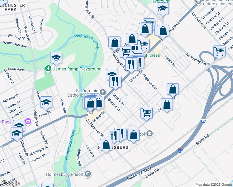 map of restaurants, bars, coffee shops, grocery stores, and more near 4432 Strahle Street in Philadelphia
