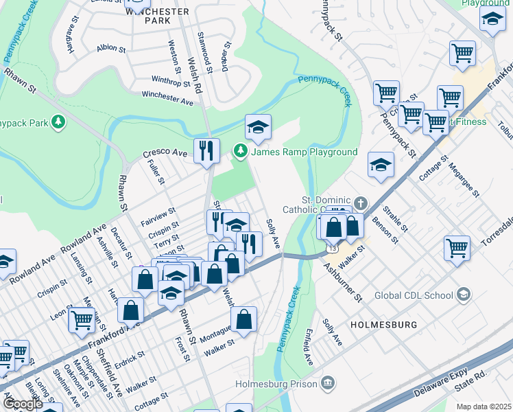 map of restaurants, bars, coffee shops, grocery stores, and more near 3501 Arthur Street in Philadelphia