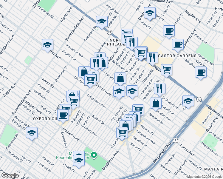 map of restaurants, bars, coffee shops, grocery stores, and more near 7001 Kindred Street in Philadelphia