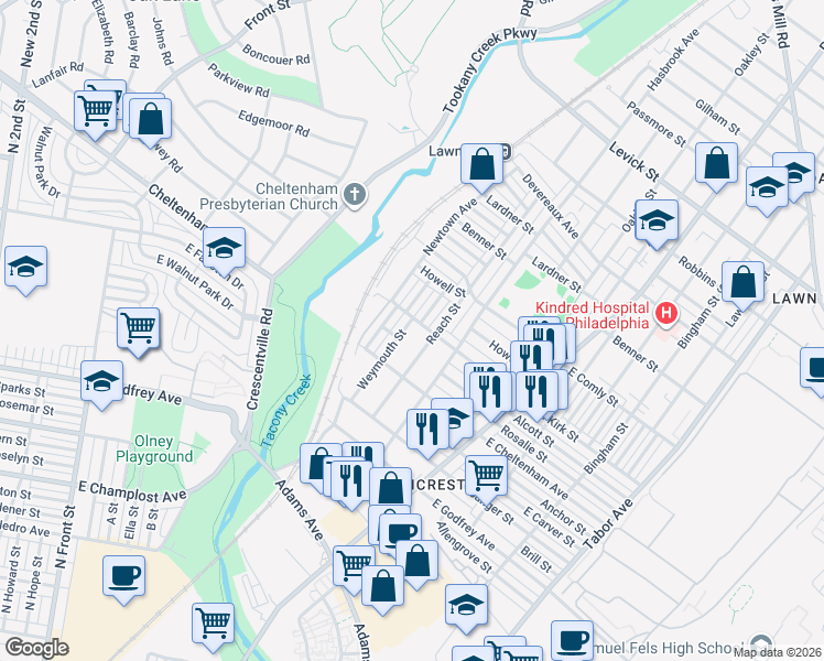 map of restaurants, bars, coffee shops, grocery stores, and more near 5826 Reach Street in Philadelphia