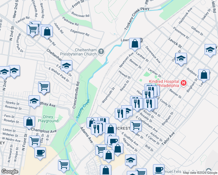 map of restaurants, bars, coffee shops, grocery stores, and more near 5810 Weymouth Street in Philadelphia