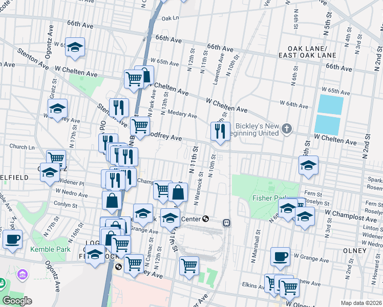 map of restaurants, bars, coffee shops, grocery stores, and more near 6106 North 11th Street in Philadelphia