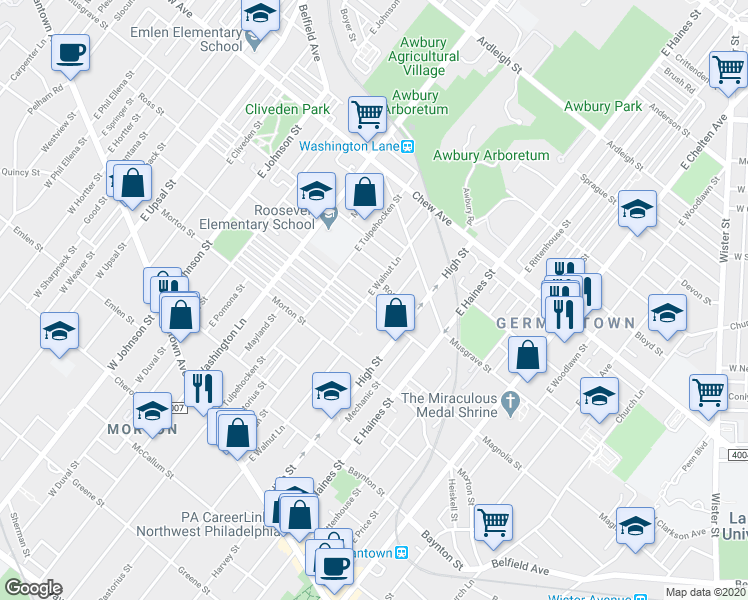 map of restaurants, bars, coffee shops, grocery stores, and more near 6029 Magnolia Street in Philadelphia