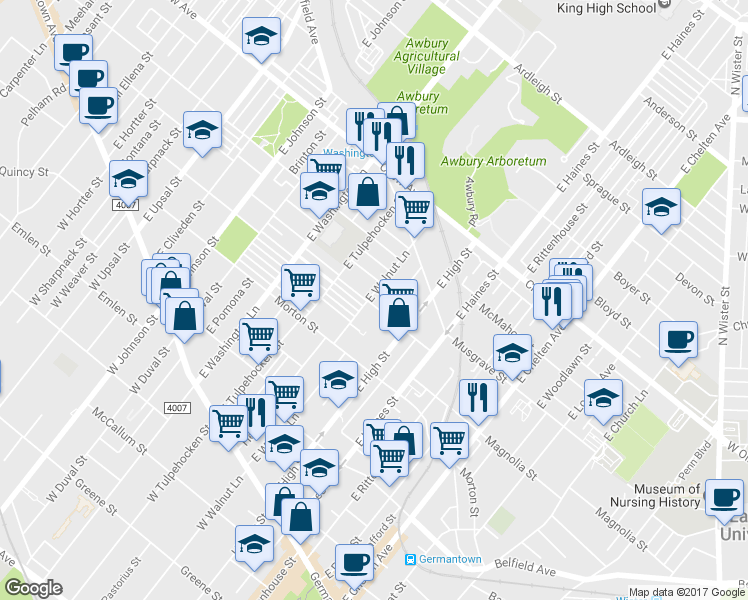 map of restaurants, bars, coffee shops, grocery stores, and more near 6029 Magnolia Street in Philadelphia