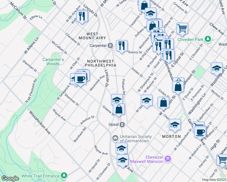 map of restaurants, bars, coffee shops, grocery stores, and more near 6642 McCallum Street in Philadelphia